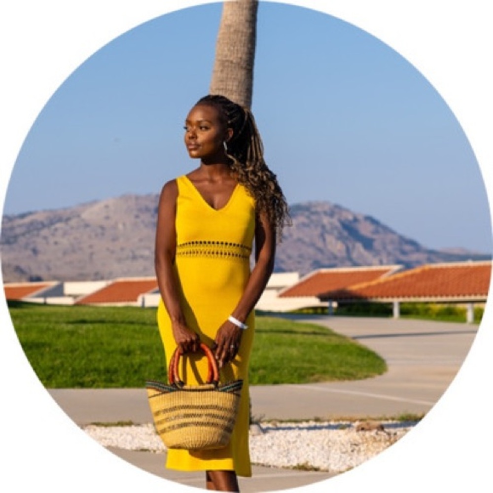 H&M Mustard Yellow Crochet Waist V-Neck Knit Midi Dress Size M - Picture 9 of 9